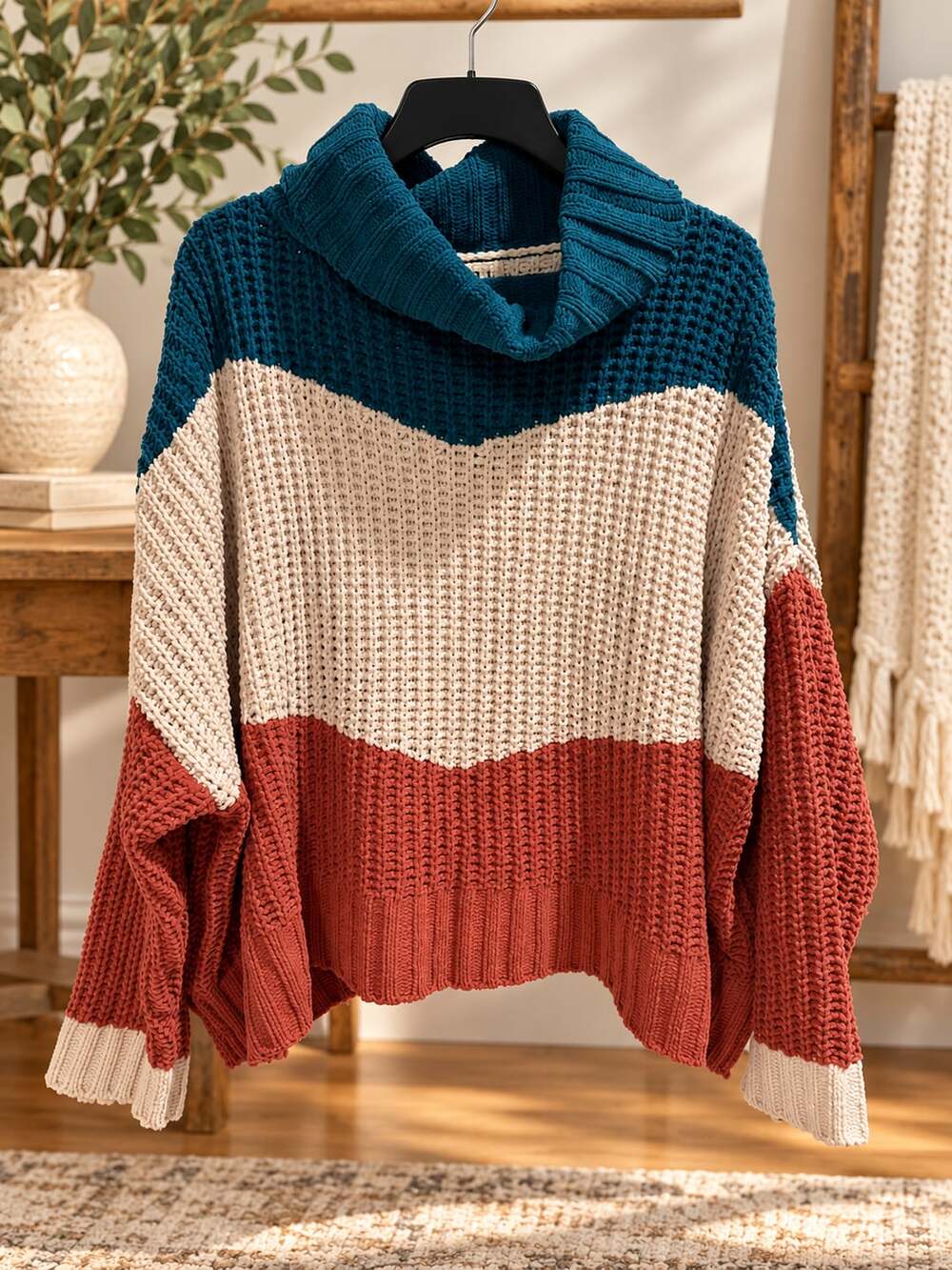 POL Colorblock Cowl Neck Knit Oversized Sweater Sz L